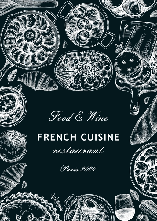 French food frame design on chalkboard. Vintage food and wine sketches. European restaurant menu template. France background. Hand-drawn vector illustration, NOT AI generated